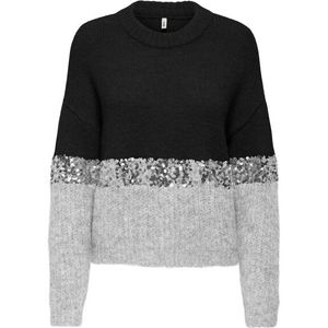 Only - Onlmaine Life Ls Sequin Block - Gebreide Trui - Zwart/Zilver - Dames