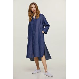 Midi Jurk - Indigo - Geweven Denimachtige Katoen - Zijsplitten