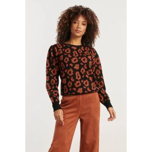 Smashed Lemon - Gebreide Dierenprint Knit Top - Zwart en Cognac
