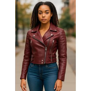 Dames Burgundy Cropped Brando leren bikerjack - Durban