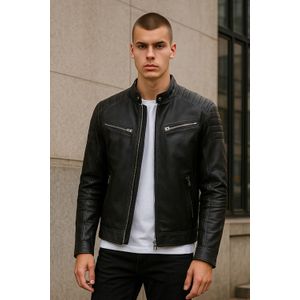 Smithton - Leren Bikerjack - Zwart - Moderne Klassieke Gewatteerde