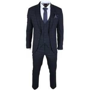 Heren - Navy - Geruit - 3-delig Pak - Slim Fit