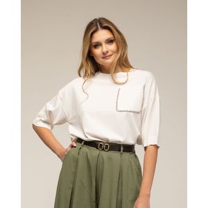 Gebreide Trui - Korte Mouwen - Voorzak met Strass-Details - Ronde Halslijn