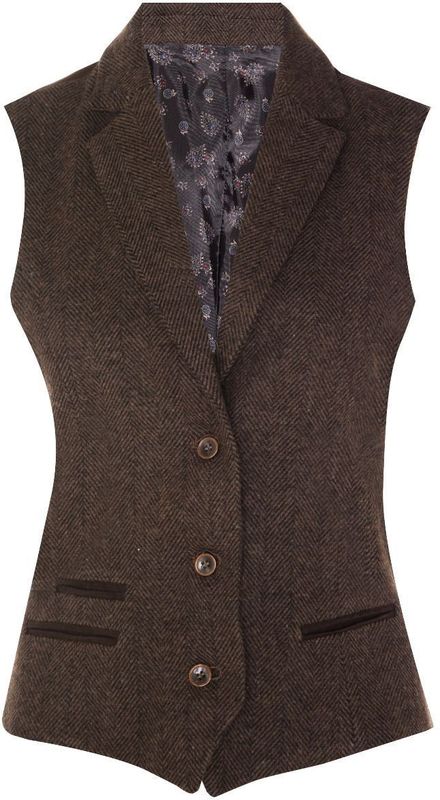 Dames - Tweed - Gilet - Bruin - Visgraatpatroon