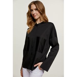 Overhemd - Zwart - Geweven Stretch Poplin - Mandarijnkraag - Lange Mouwen