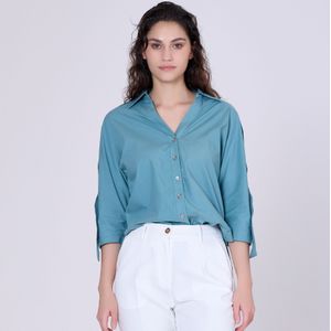 Shirt - Breed Schouderbanden - 3/4 Mouwen - V-hals - Licht Gladde Popeline