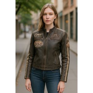 Dames - Eastleigh - Leren Jas - Vintage Tan - Biker Racing Badges