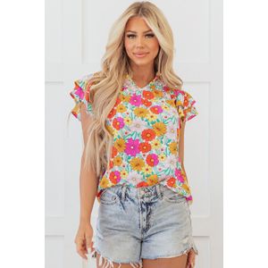 Bloemdruk V-hals Top met Fladdermouwen