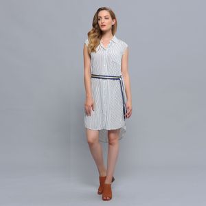Minimalistische mouwloze overhemdjurk met strepenprint