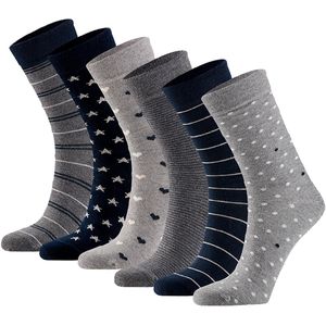Apollo Dames sokken hartjes gestreept sterren print bio katoen 6-pack grijs / navy blauw