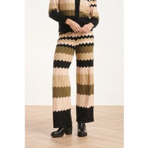 Smashed Lemon - Neutrale Zig-Zag Gebreide Broek - Lange Wijde Pijpen - Sand Goud Legergroen Zwart