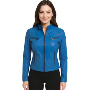 Dames - Tulsa - Leren Bikerjack - Blauw - Casual Slim-fit