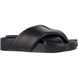 Jil Sander Gevoerde Band Flatform Slippers in Zwart Leer