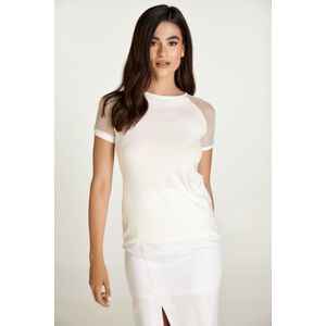 Top - Ecru - Korte Mouwen - Stretch Jersey - Getailleerd