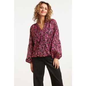 Smashed Lemon 23666 dames chiffon top met zwart en fuchsia abstract