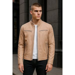 Smithton - Bikerjack - Beige - Modern Klassiek - Leren Gewatteerd
