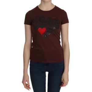 Exte Dames Bruin Hartprint Rundhals T-shirt Korte Mouw Blouse