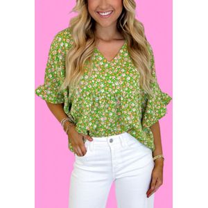 Bloemrijke V-hals Blouse met Flutter Mouwen