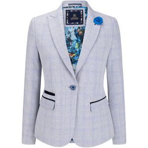 Dames - Blazer - Blauw - Wolmix - Geruite Vintage met Herringbone Motief