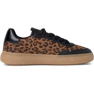 Tamaris Dames Luipaard Zwarte Leren Mode Gestreepte Veterschoenen