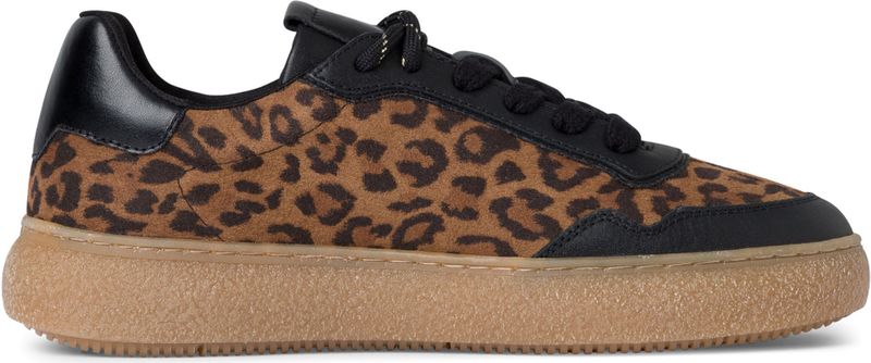 Tamaris Dames Luipaard Zwarte Leren Mode Gestreepte Veterschoenen