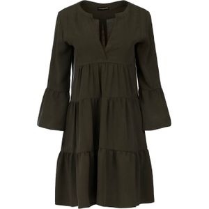 Jurk - Khaki - A-lijnmodel - Geplooide Naden - Driekwart Klokmouwen