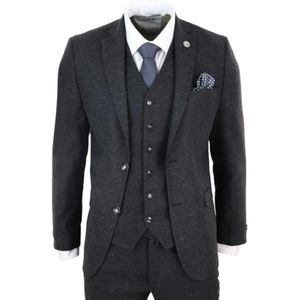 Heren 3-delige Zwarte Wol Tweed Vintage Retro Kostuum
