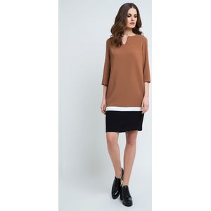 Kleurblok Jurk - Camel en Zwart - ¾ Mouwen - Boothals