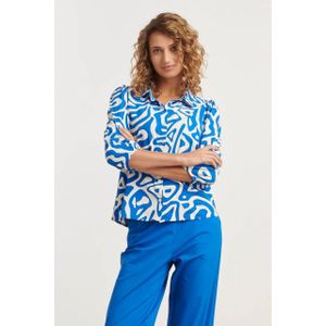 Smashed Lemon - Blouse - Cobaltblauw en Wit - Travel Kwaliteit - 3/4 Mouwen