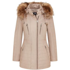 Northam - Slim Fit - Leren Parka - Beige - Dames - Met Afneembare Capuchon