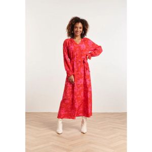Smashed Lemon - 23821 - V-hals Jurk - Roze en Rood - Bloemenprint