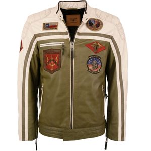 TOP GUN - Tussenjas - Beige / Olijfgroen - Bikerjack - Licht Gevoerd - Leer