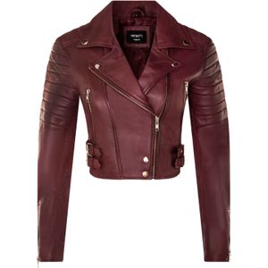 Dames - Brando - Leren Jas - Zwart - Bijgesneden