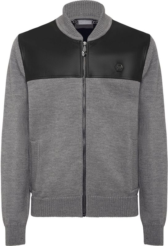 Philipp Plein - Merino Wool Leather Bomber Skull&Bones - Grijs - Heren - Bomberjack
