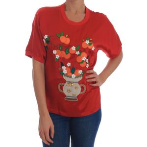 Dolce Gabbana - Blouse - Rood - Korte Mouwen - Bloemige Oranges Vaas Applicatie