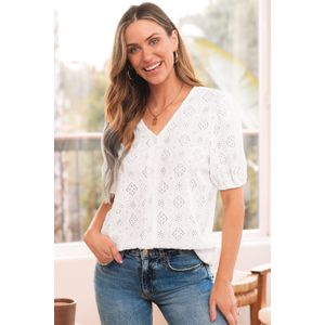 Oogjes Geborduurde Puff Mouw Blouse