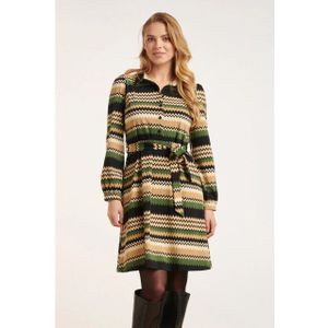 Smashed Lemon - Zigzag Print Travel Kwaliteit Jurk - Legergroen - Zandtinten - Zwart