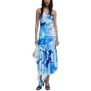 Asymmetrische Bandeaujurk - Blauwtinten - Midi - Met Ruches en Bloemenprint