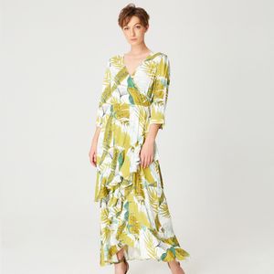 Tropische print frisse midi -jurk met kruisbuste