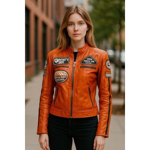 Dames - Biker Racing Badges - Leren Jack - Oranje