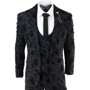 Heren - Dinerpak - Zwart - 3-delig - Fluwelen Paisley