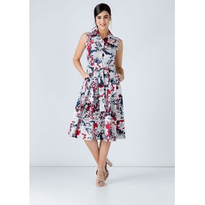 Marine - A-lijn Jurk - Bloemenprint - Mouwloos - Geweven Popeline Katoen