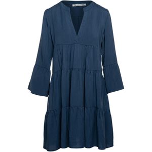 Indigo - A-lijn Jurk - Geplooide Naden - Driekwart Klokmouwen - Ronde Hals