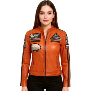 Dames - Dalby - Leren Bikerjack - Oranje - Met Racebadges