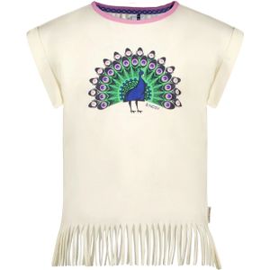 B.Nosy Meisjes t-shirt met pauw print en fraanjes cotton