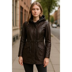 Dames - Bruine - Clare - Leren Parka - Met Capuchon