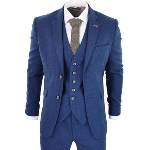 Heren - Driedelig - Marineblauw - Wollen Tweed Pak