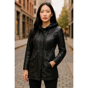 Zwarte Leren Parka - Clare - Dames - Met Capuchon