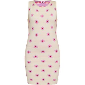 Mymo - Kokerjurk - Room Paars Rood - Mouwloos - Gebreid - Bloemenjacquardpatroon