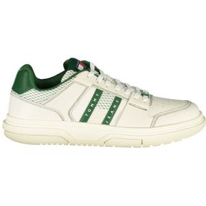 Tommy Hilfiger - Groene Leren Heren Sneaker - Wit - Leer - Verwijderbare Inlegzool